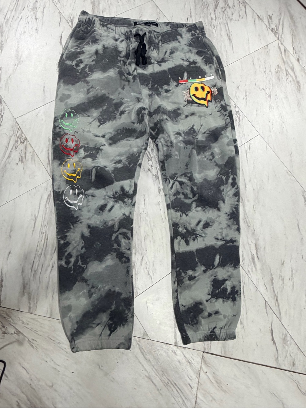 Brooklyn Cloth Gray Tie-Dye Joggers with Multicolor Smiley Patches